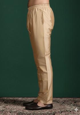 Beige Solid Banarasi Silk Pyjama For Men