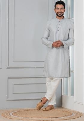 Grey Embroidery Silk Kurta Pyjama Set For Men