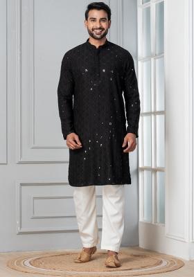 Black Embroidery Silk Kurta Pyjama Set For Men