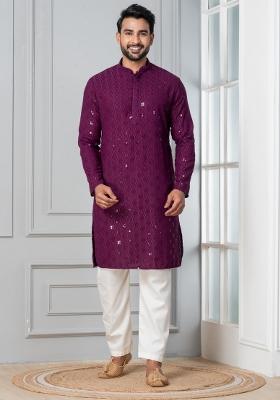 Purple Embroidery Silk Kurta For Men