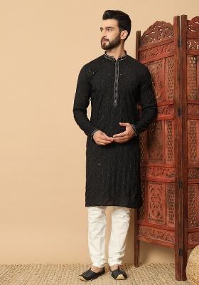 Black Embroidered Silk kurta Set For Men