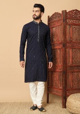 Blue Embroidered Silk kurta Set For Men