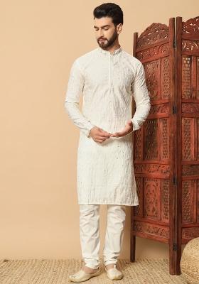 Green Embroidered Silk kurta Set For Men