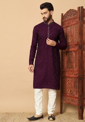 Purple Embroidered Silk kurta Set For Men