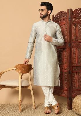 Silver Embroidered Jacquard kurta Set For Men