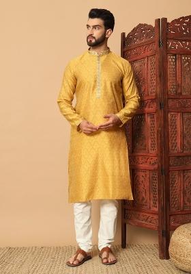 Yellow Embroidered Jacquard kurta Set For Men