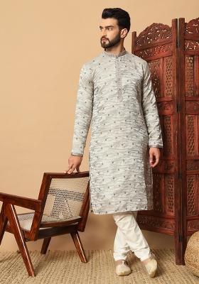 Grey Embroidered Jacquard kurta Set For Men