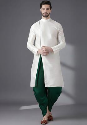 White Embroidery Silk Kurta Set For Men