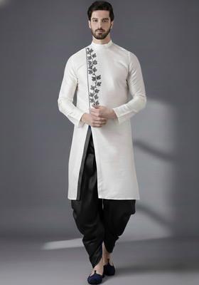 White Embroidery Silk Kurta Set For Men