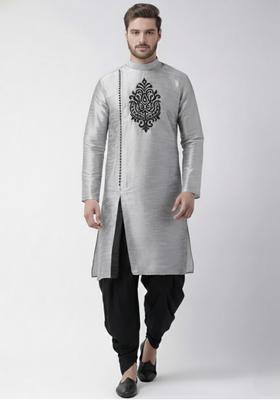 Grey Embroidery Silk Kurta Set For Men