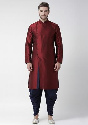 Maroon Embroidery Silk Kurta Set For Men