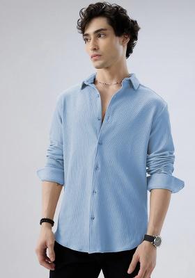Sky Blue Printed Polyester Shirt For Men