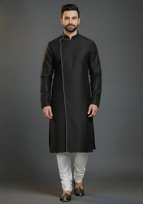 Black Embroidered Silk Kurta Set For Men