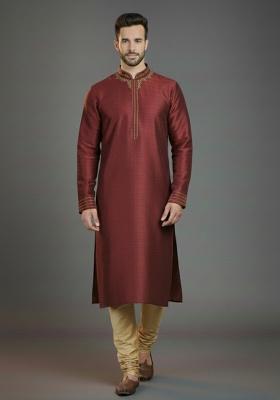 Maroon Embroidered Silk Kurta Set For Men