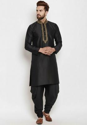 Black Embroidered Silk Kurta Set For Men
