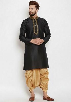 Black Embroidered Silk Kurta Set For Men