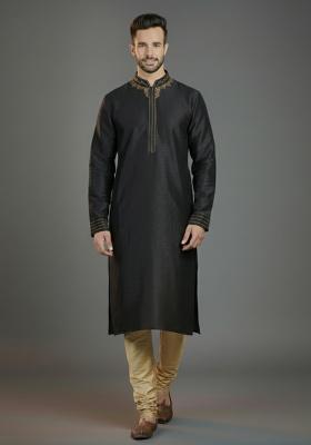 Black Embroidered Silk Kurta Set For Men