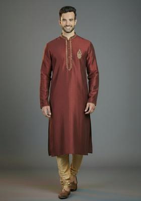 Maroon Embroidered Silk Kurta Set For Men