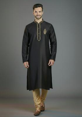 Black Embroidered Silk Kurta Set For Men
