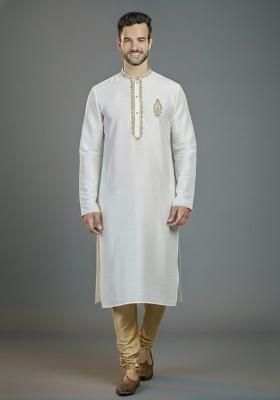 White Embroidered Silk Kurta Set For Men