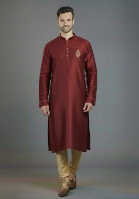 Maroon Embroidered Silk Kurta Set For Men