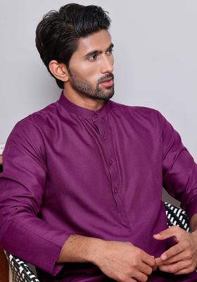Navy Blue Solid Cotton Kurta For Men