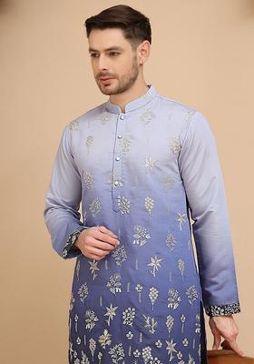 Navy Blue Embroidery Cotton Kurta For Men