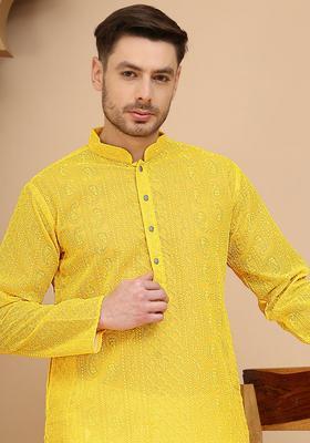 Navy Blue Embroidery Georgette Kurta Pyjama Set For Men