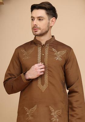 Navy Blue Embroidery Silk Kurta Pyjama Set For Men
