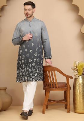 Navy Blue Embroidery Silk Kurta Pyjama Set For Men