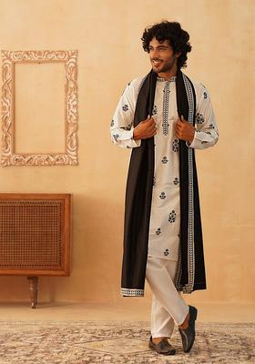 Navy Blue Embroidery Silk Kurta Pyjama Set For Men