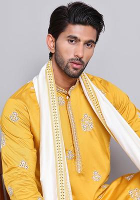 Navy Blue Embroidery Silk Kurta Pyjama Set For Men