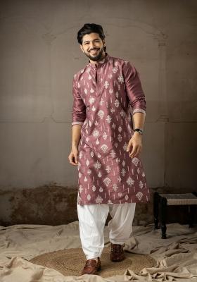 Wine Embroidery Silk Kurta Pajama Set For Men