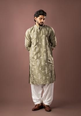 Green Embroidery Silk Kurta Pajama Set For Men