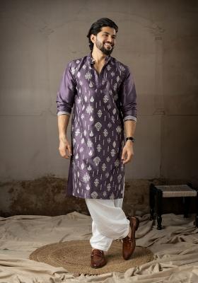 Purple Embroidery Silk Kurta Pajama Set For Men