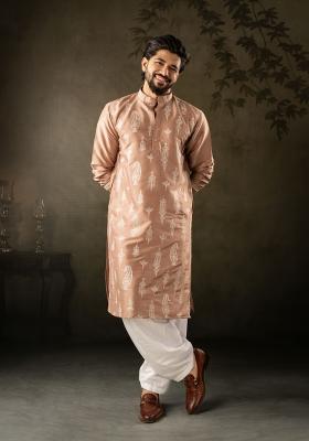 Brown Embroidery Silk Kurta Pajama Set For Men