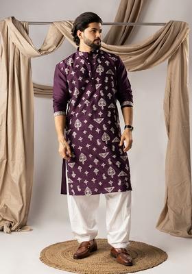 Purple Embroidery Silk Kurta Pajama Set For Men