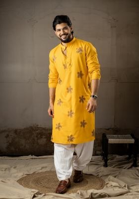 Mustard Embroidery Linen Kurta Pajama Set For Men
