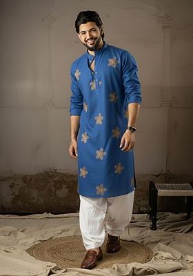 Blue Embroidery Linen Kurta Pajama Set For Men