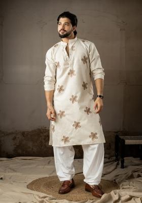 Beige Embroidery Linen Kurta Pajama Set For Men