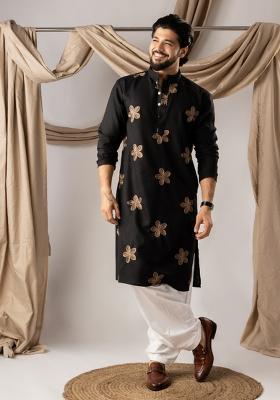 Black Embroidery Linen Kurta Pajama Set For Men