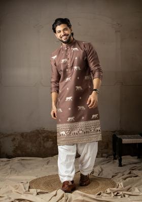 Brown Embroidery Rayon Kurta Pajama Set For Men