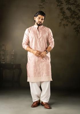 Pink Embroidery Rayon Kurta Pajama Set For Men