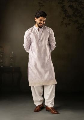 Purple Embroidery Rayon Kurta Pajama Set For Men