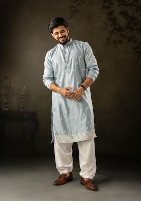 Blue Embroidery Rayon Kurta Pajama Set For Men