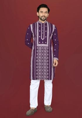 Wine Embroidered Silk Kurta Pajama For Men