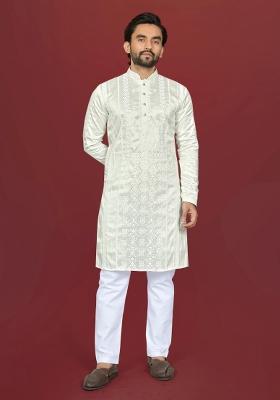 White Embroidered Silk Kurta Pajama For Men