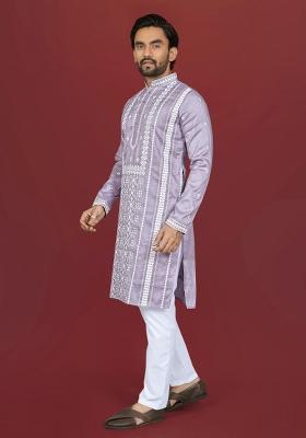 Lavender Embroidered Silk Kurta Pajama For Men