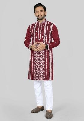 Maroon Embroidered Silk Kurta Pajama For Men