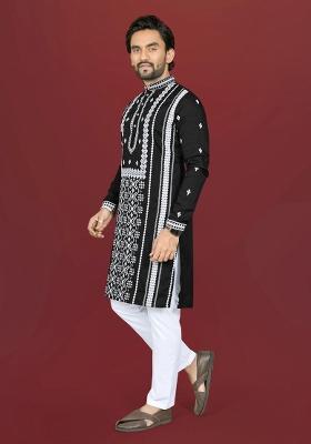 Black Embroidered Silk Kurta Pajama For Men